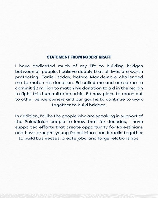 Image in @MarioNawfal's post: 🇺🇲🇵🇸 Robert Kraft is promising $2 MILLION to humanitarian aid in the Middle East region… but didn’t…