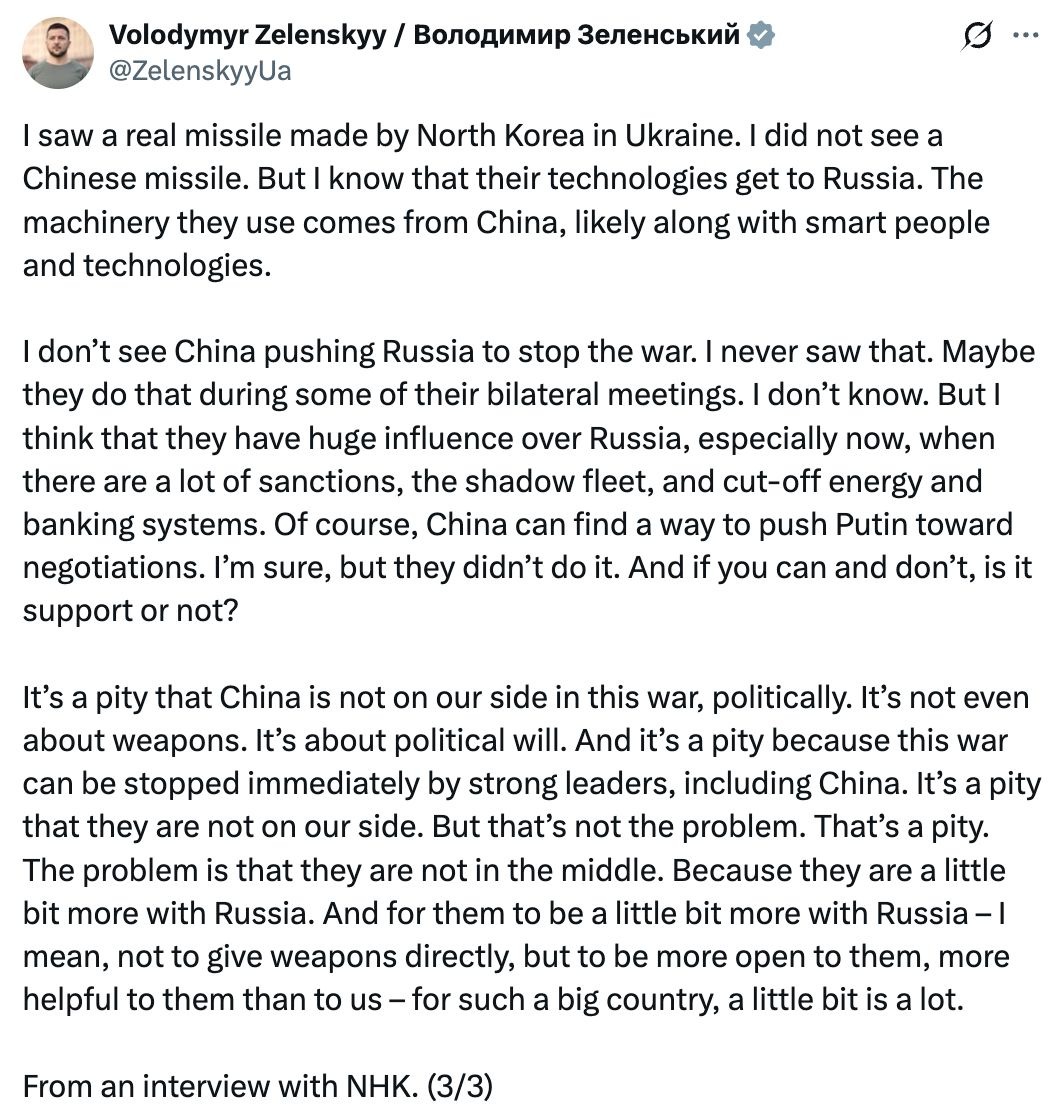Image in @MarioNawfal's post: 🇺🇦🇨🇳🇰🇵 Zelensky isn't accusing China of firing the missiles, he is accusing it of keeping the war o…