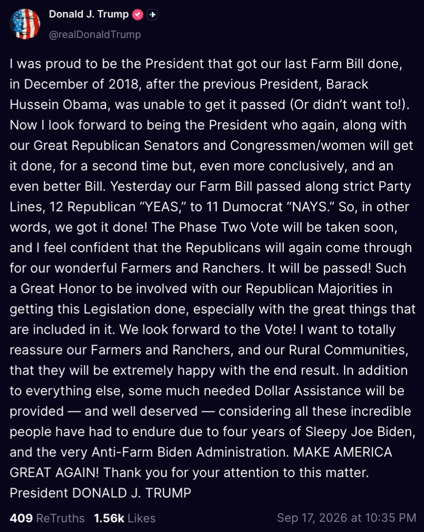 Image in @MarioNawfal's post: 🇺🇸 Trump says the new Farm Bill is moving forward after clearing its first Senate hurdle 12-11 alon…