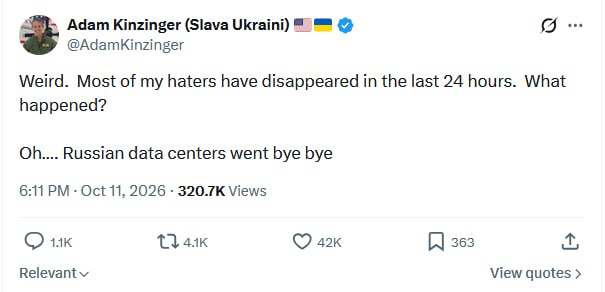 Image in @MarioNawfal's post: 🇷🇺 The RUSSIAN BOT STORY is almost too perfect for some people.
Adam Kinzinger says his haters hav…