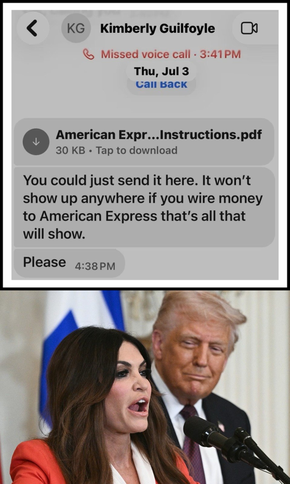 Image in @MarioNawfal's post: 🚨🇺🇸🇬🇷 Kim Guilfoyle's desperate campaign to keep her post: late-night phone calls, leaker hunts, sc…