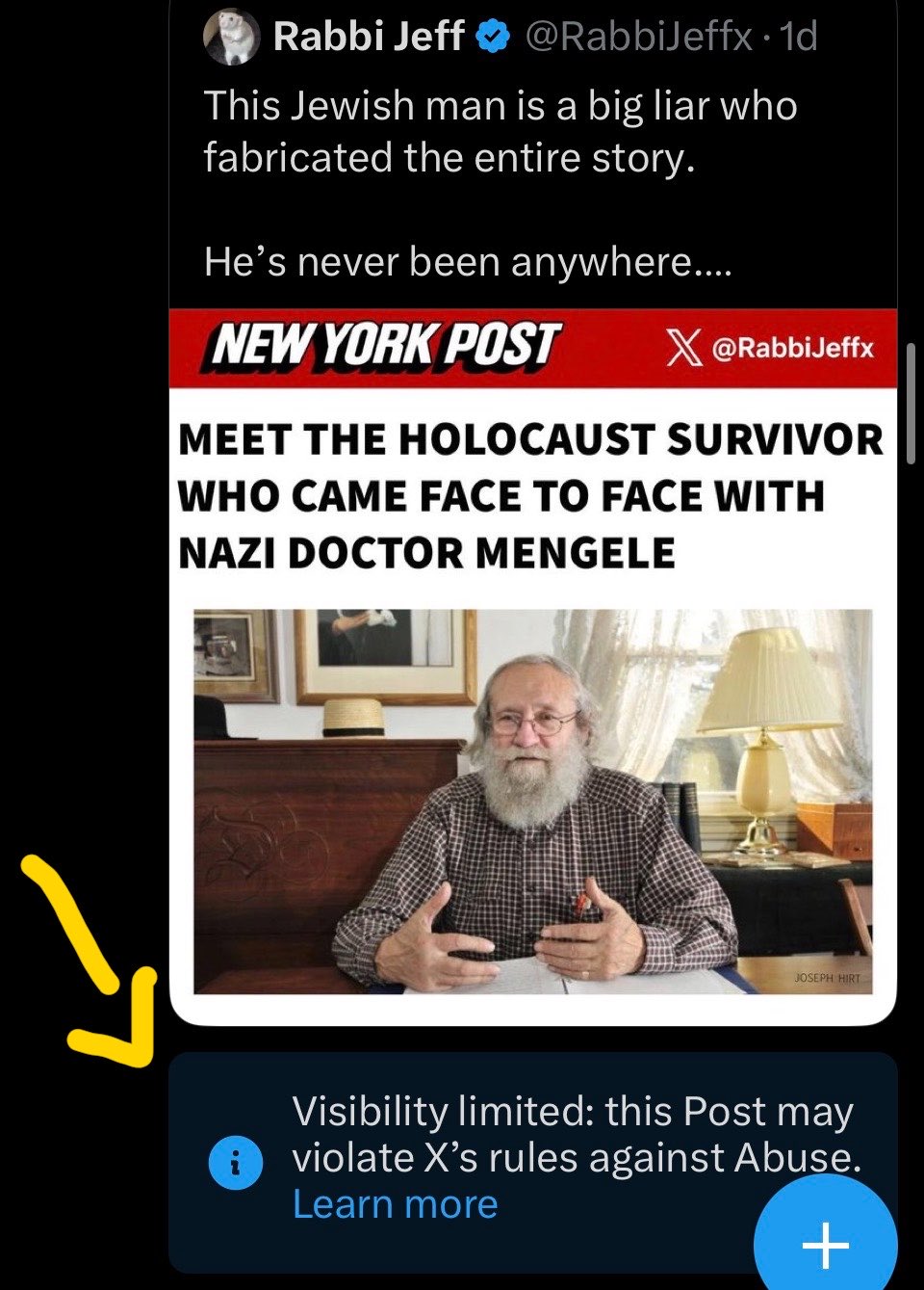 Image in @RabbiJeffx's post: THIS IS FUCKING INSANE
𝗫 𝗝𝗨𝗦𝗧 𝗟𝗔𝗕𝗘𝗟𝗘𝗗 𝗠𝗬 𝗣𝗢𝗦𝗧 𝗔𝗦 𝗛𝗔𝗧𝗘 𝗦𝗣𝗘𝗘𝗖𝗛 for using Grok to expose a Jewish man…