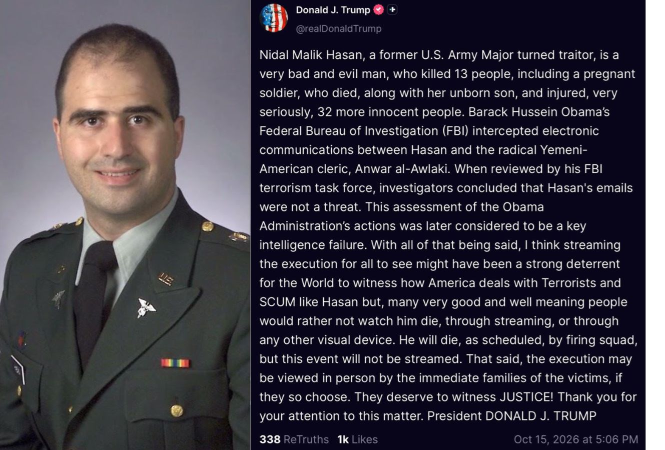 Image in @MarioNawfal's post: 🚨🇺🇸 BREAKING:
Trump announces that the Fort Hood shooter, Nidal Hasan, will NOT have his execution…