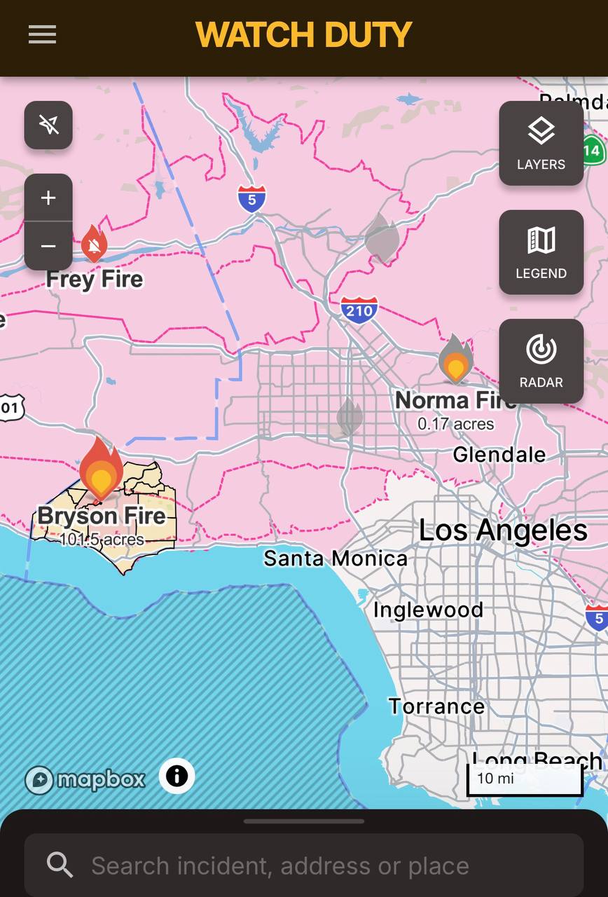 Image in @MarioNawfal's post: 🚨🇺🇸 This is the Bryson Fire area northwest of LA, NOW at 101.5 acres
The map shows the fire just i…