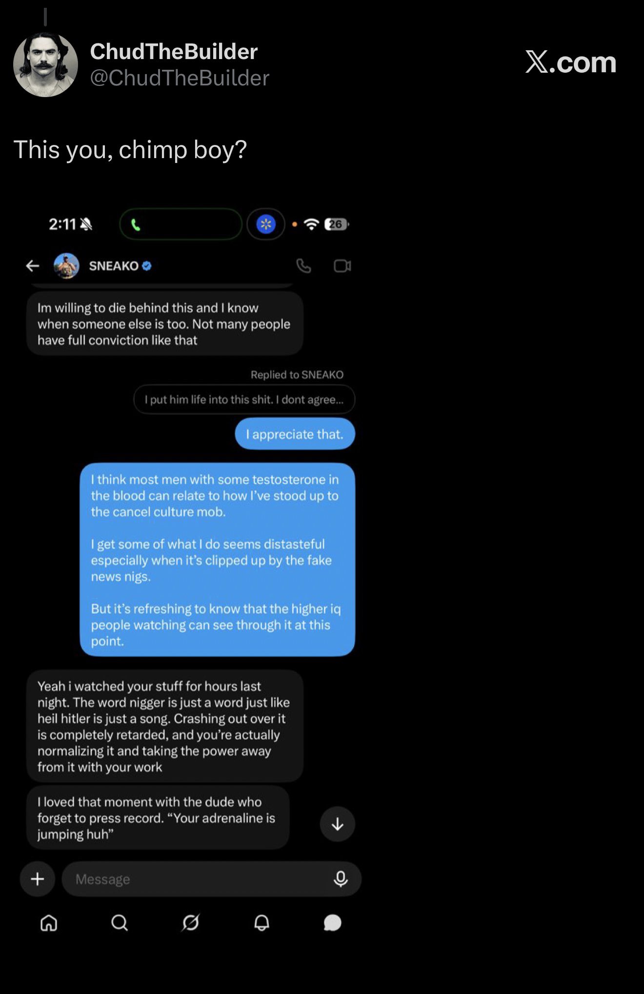 Image in @ChudTheBuilder's reply: @sneako This nigger hid my reply. https://t.co/9OVWRfneK6