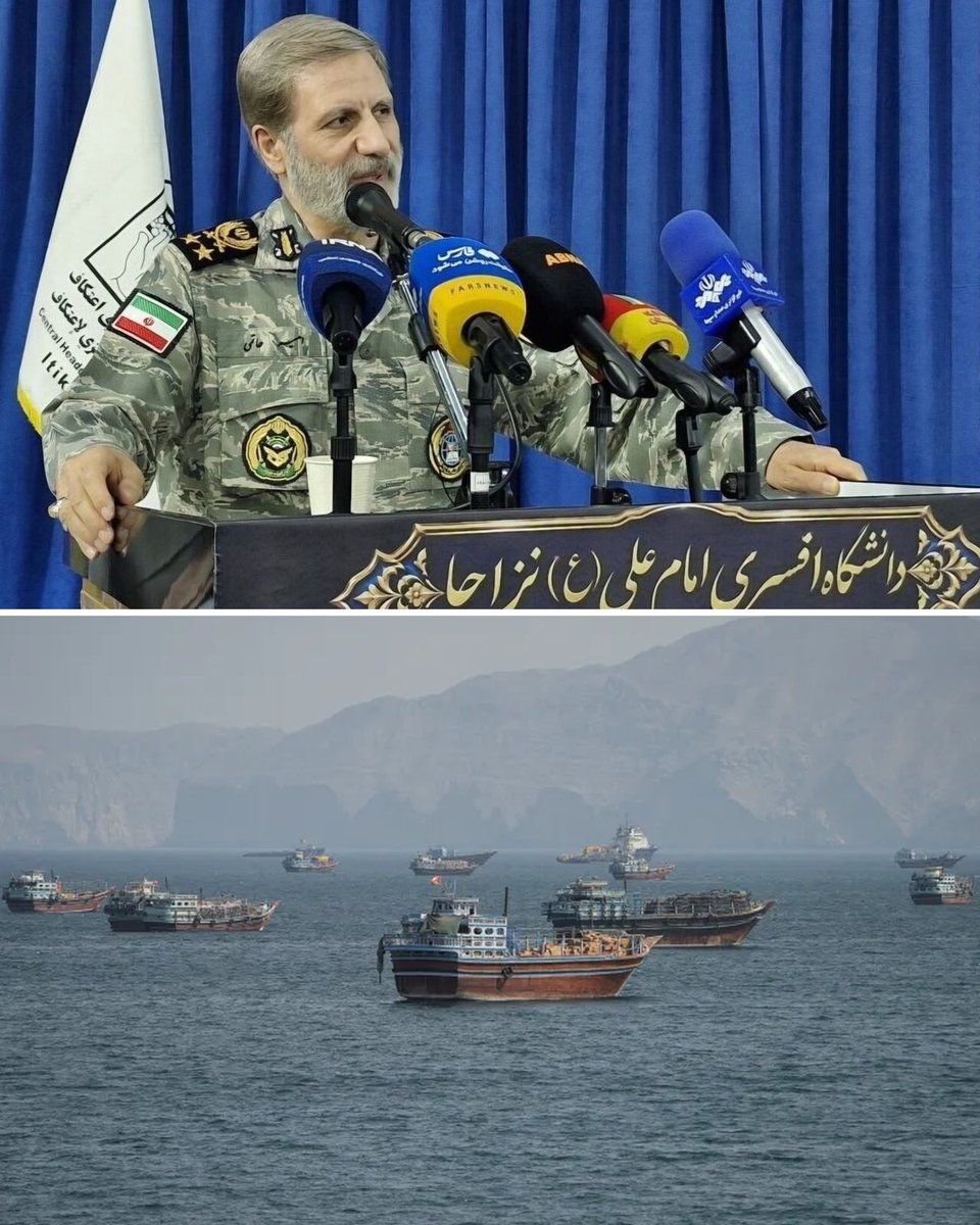 Image in @MarioNawfal's post: 🇮🇷 Iran’s army chief says the Strait of Hormuz will stay CLOSED until Iran’s rights are respected.
…