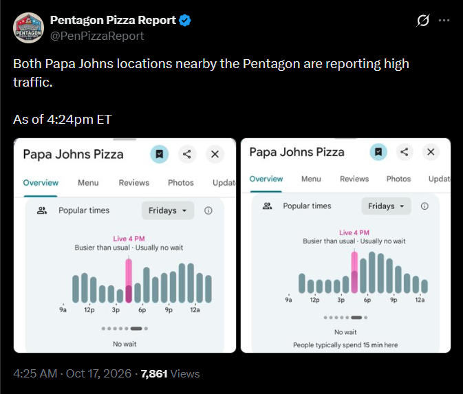 Image in @MarioNawfal's post: 🇺🇸🇮🇷 The PENTAGON PIZZA Index is acting up again
Both Papa Johns locations near the Pentagon are r…