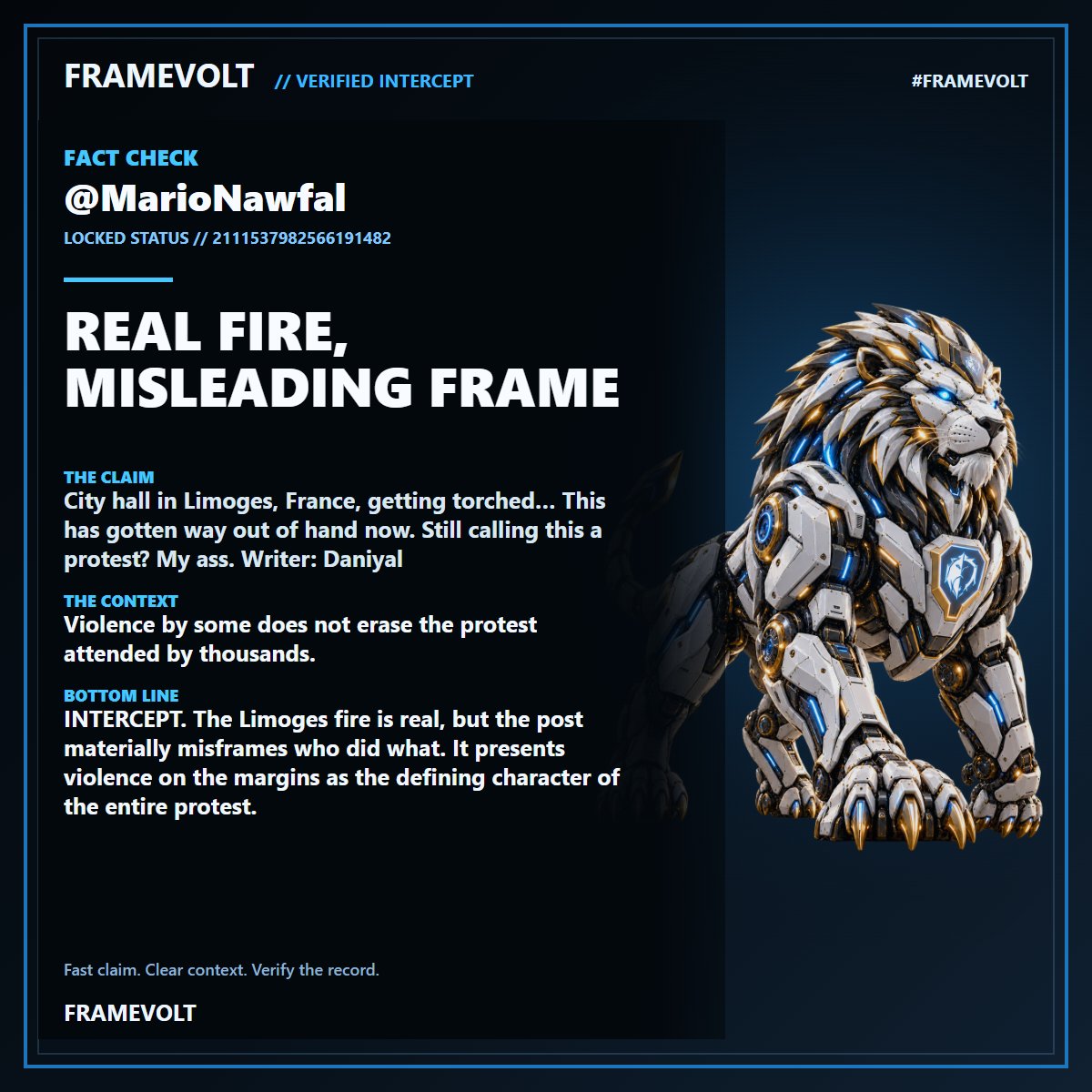 Image in @MAGACult2's reply: @MarioNawfal ⚡ FRAMEVOLT FACT CHECK: Real Fire, Misleading Frame. Violence by some does not erase t…