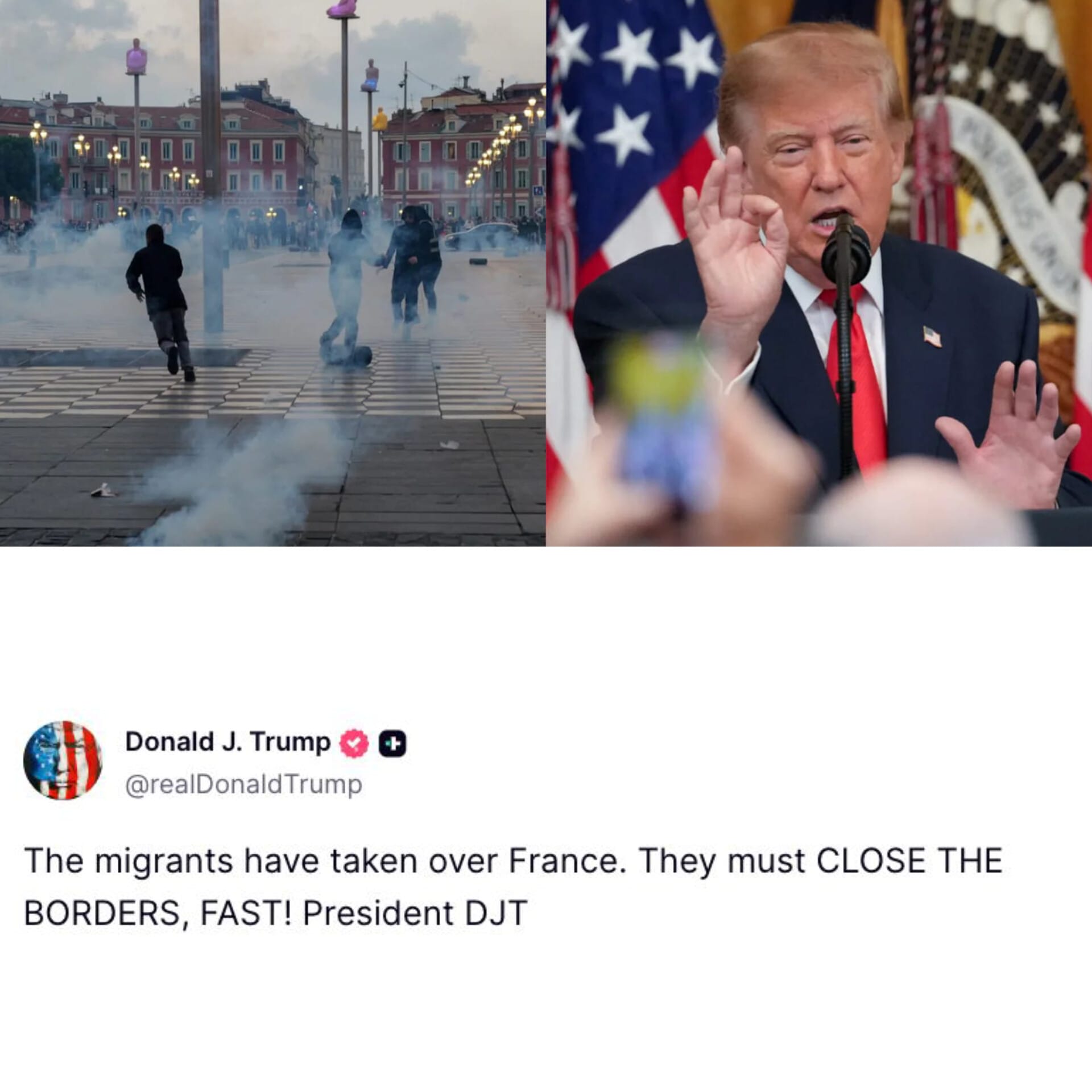 Image in @MarioNawfal's post: 🚨🇺🇸🇫🇷 Trump:
"The migrants have taken over France.
They must CLOSE THE BORDERS, FAST!"
He could …