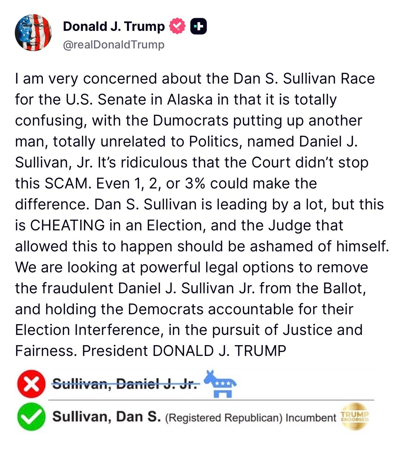 Image in @MarioNawfal's post: 🇺🇸 In Alaska, both ballots will have a Daniel Sullivan, and Trump is calling that a straight SCAM
…