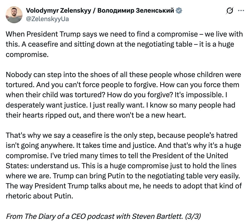Image in @MarioNawfal's post: 🇺🇦🇺🇸 Zelensky says Ukraine is already making a HUGE compromise just by agreeing to stop where the f…