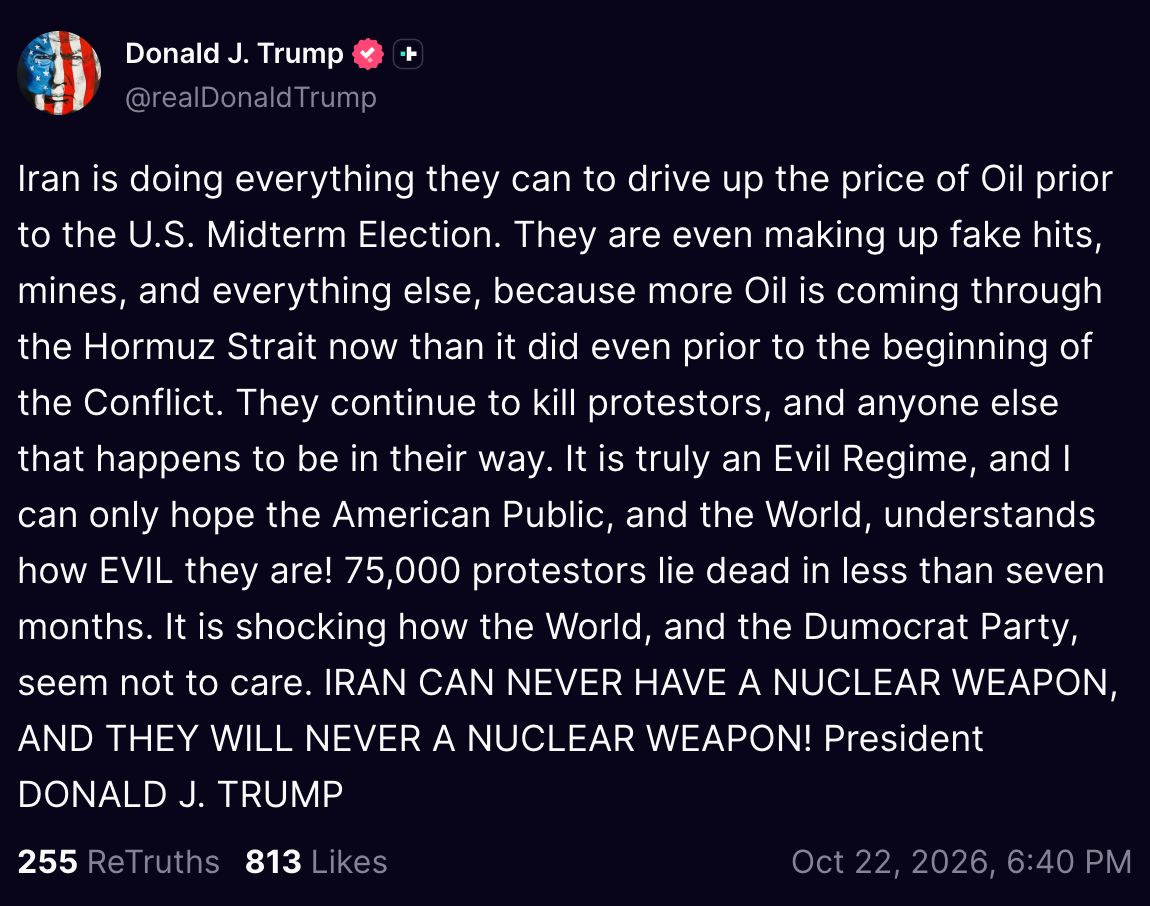 Image in @MarioNawfal's post: 🇺🇸🇮🇷 Trump is ACCUSING IRAN of deliberately DRIVING UP OIL prices ahead of the U.S. midterms
He cl…