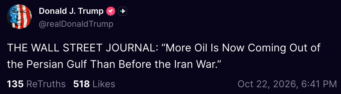 Image in @MarioNawfal's post: 🇺🇸🇮🇷 Trump is celebrating a Wall Street Journal report that MORE OIL is now leaving the Persian Gul…