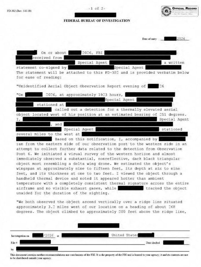 Image in @MarioNawfal's post: 🇺🇸 2 federal agents reported seeing a mysterious BLACK TRIANGLE flying near a U.S. national securit…