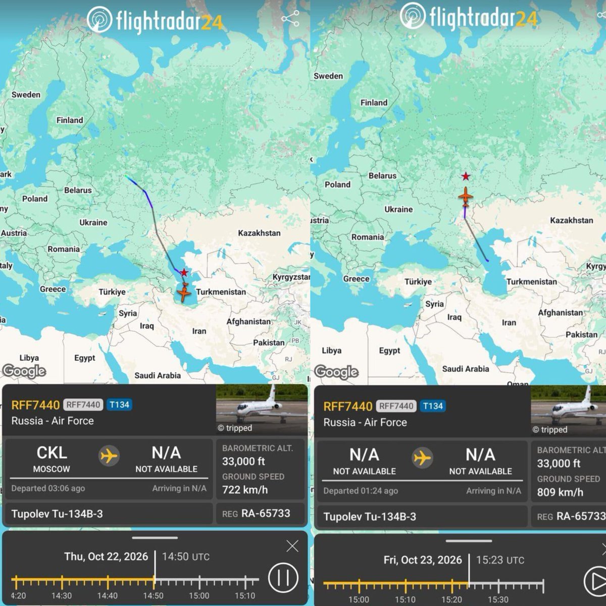 Image in @MarioNawfal's post: 🇮🇷🇷🇺 A Russian Air Force plane LANDED in Iran and LEFT again today
OSINT trackers spotted a Tu-134…