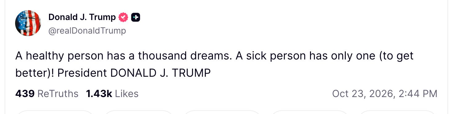 Image in @MarioNawfal's post: 🇺🇸 Trump just shared a surprisingly thoughtful message.
“A healthy person has a thousand dreams. A…