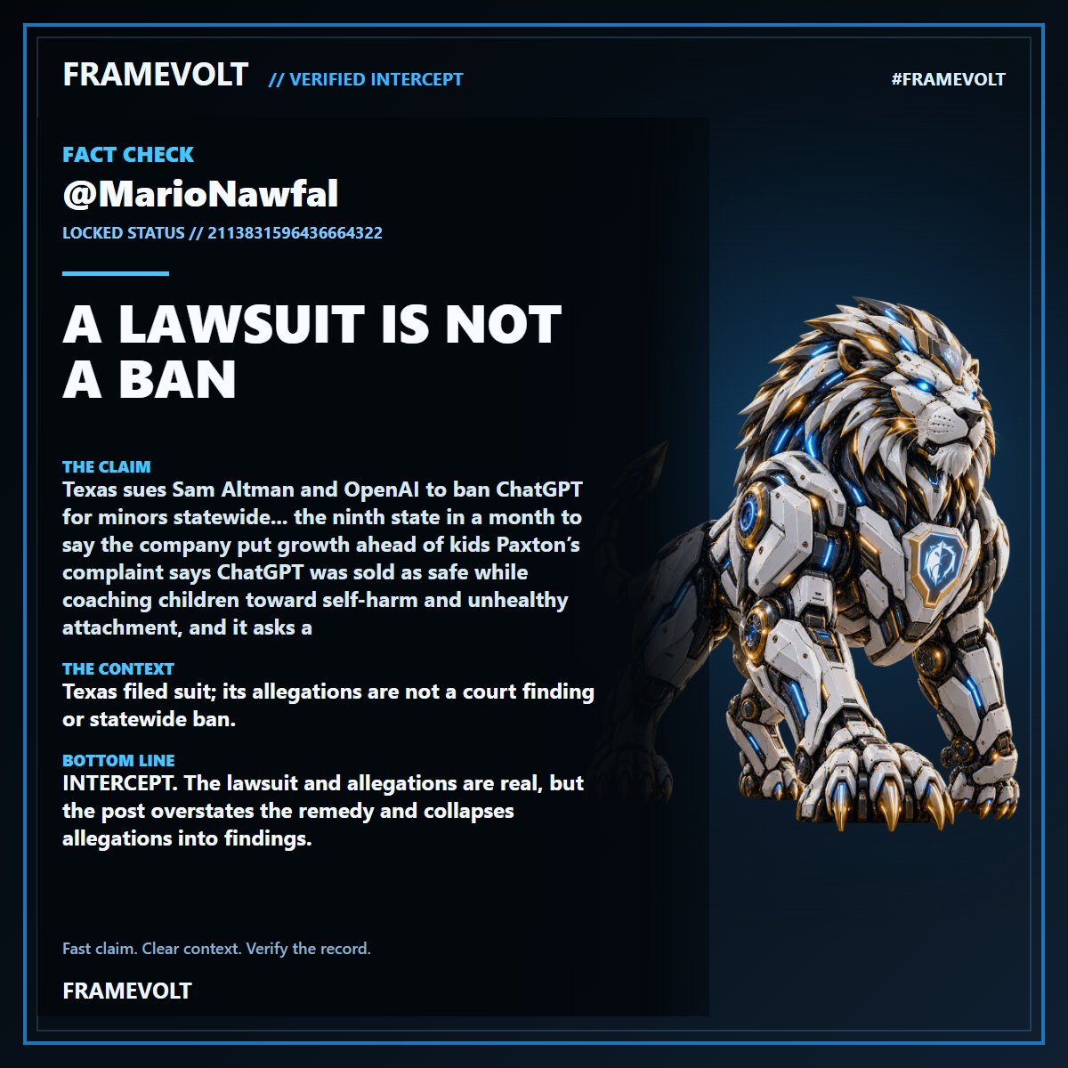 Image in @TheProject26's reply: @MarioNawfal ⚡ FRAMEVOLT FACT CHECK: A Lawsuit Is Not a Ban. Texas filed suit; its allegations are …