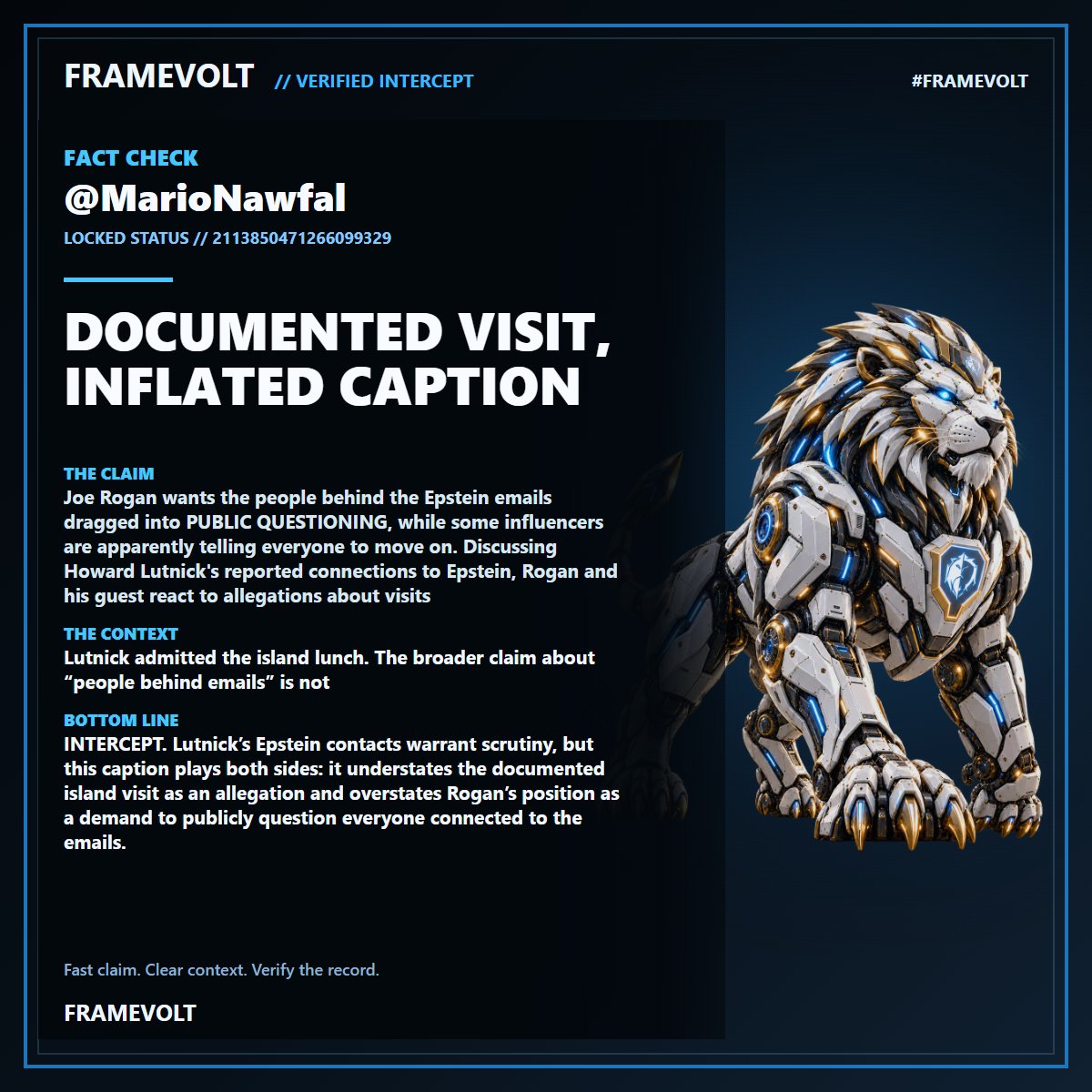 Image in @TheProject26's reply: @MarioNawfal ⚡ FRAMEVOLT FACT CHECK: Documented Visit, Inflated Caption. Lutnick admitted the islan…