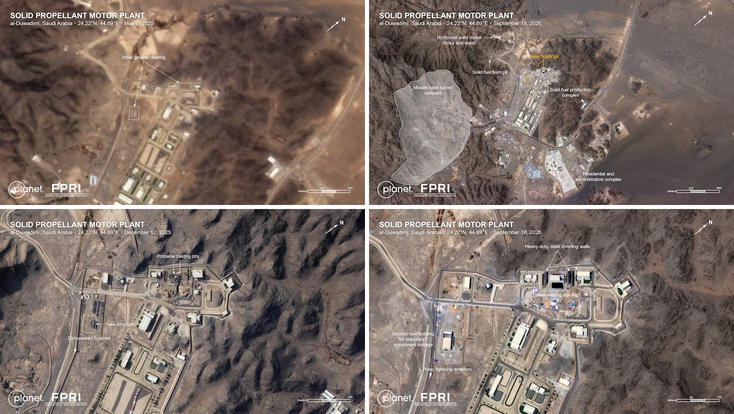 Image in @MarioNawfal's post: 🇸🇦🇮🇷 Satellite images show Saudi Arabia doubling its ballistic missile factory to build longer-rang…