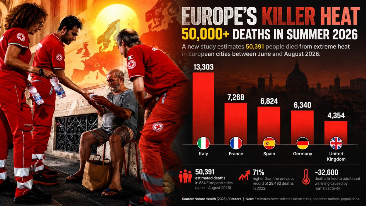 Image in @MarioNawfal's post: 🇪🇺 Heatwaves in Europe may have caused more than 50,000 deaths during the summer of 2026, according…