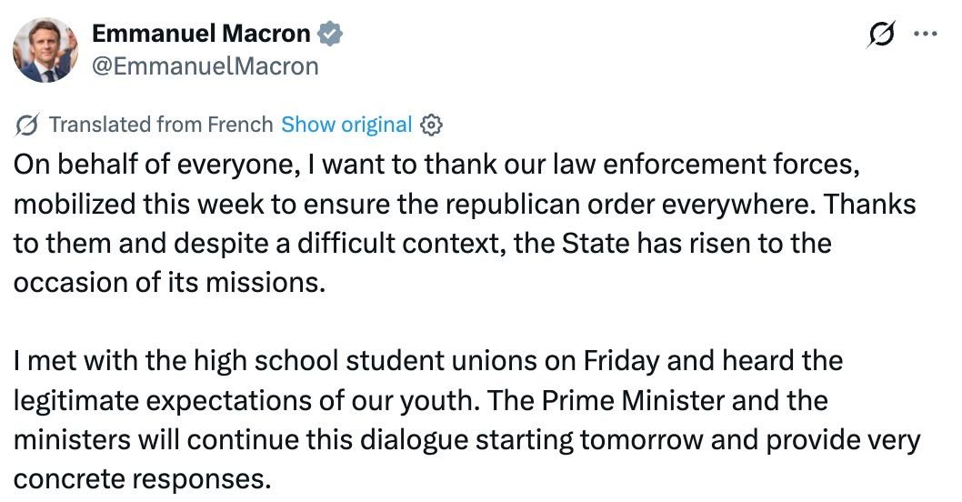 Image in @MarioNawfal's post: 🇫🇷 Macron is finally promising “concrete responses” after France's week of chaos. A little LATE for…