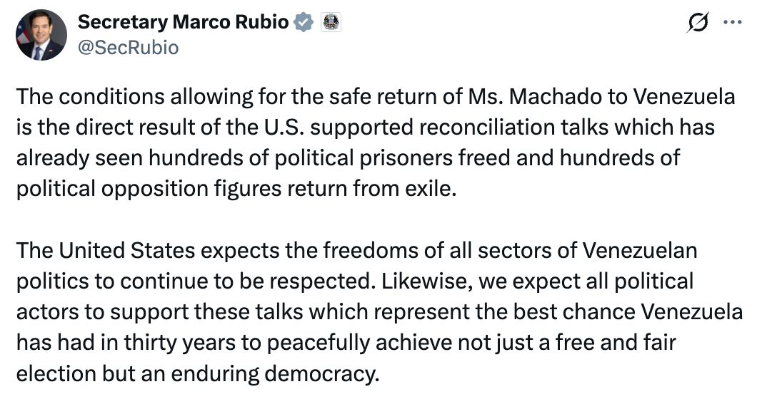 Image in @MarioNawfal's post: 🚨🇻🇪🇺🇸 Sec. Rubio comments on María Corina Machado's return from exile:
"The conditions allowing fo…