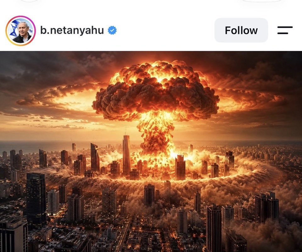 Image in @RabbiJeffx's post: 𝗝𝗨𝗦𝗧 𝗡𝗢𝗪: Netanyahu shared this image of 𝗜𝗥𝗔𝗡 𝗡𝗨𝗞𝗜𝗡𝗚 𝗧𝗘𝗟 𝗔𝗩𝗜𝗩, warning this will happen if he 𝗟𝗢𝗦𝗘𝗦…