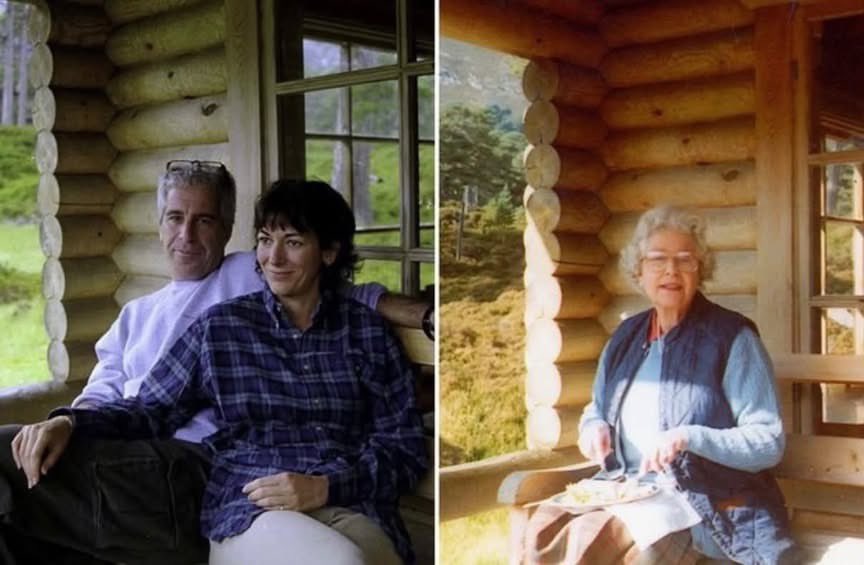 Image in @RabbiJeffx's post: Ghislaine Maxwell and Jeffrey Epstein at the Queen of England’s private log cabin in Scotland, a ro…
