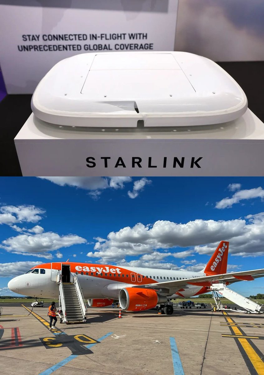 Image in @MarioNawfal's post: 🇺🇸🇬🇧 EasyJet teams up with Starlink for stellar speeds on budget flights.
SpaceX WiFi hits the fle…