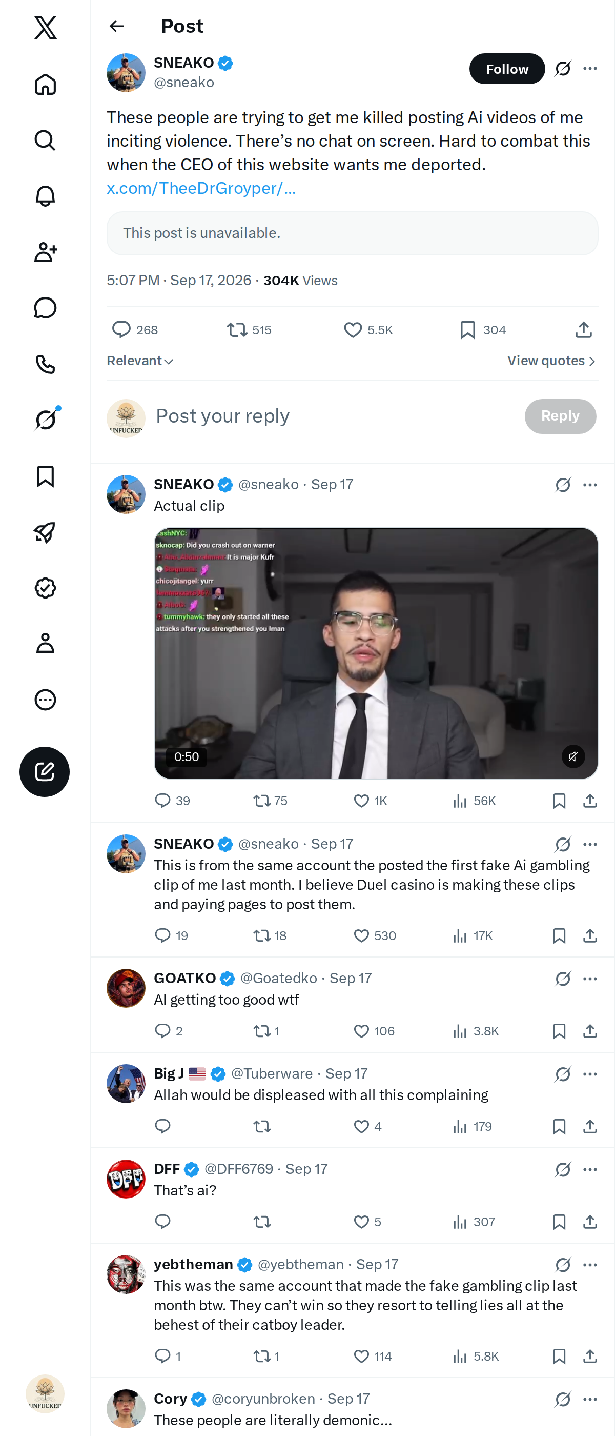Snapshot 1 of @sneako's post from 2026-09-17