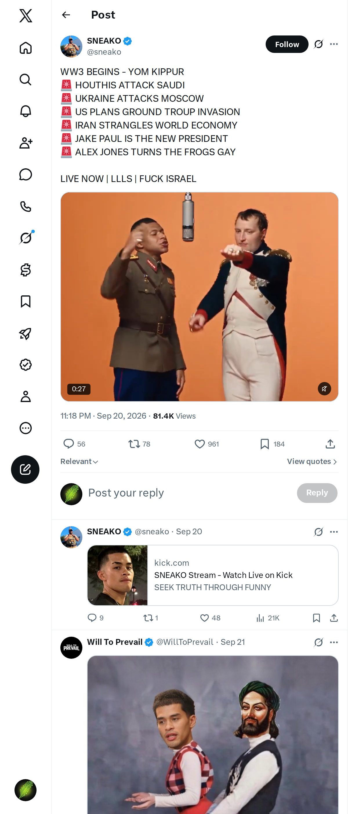 Snapshot 1 of @sneako's post from 2026-09-20
