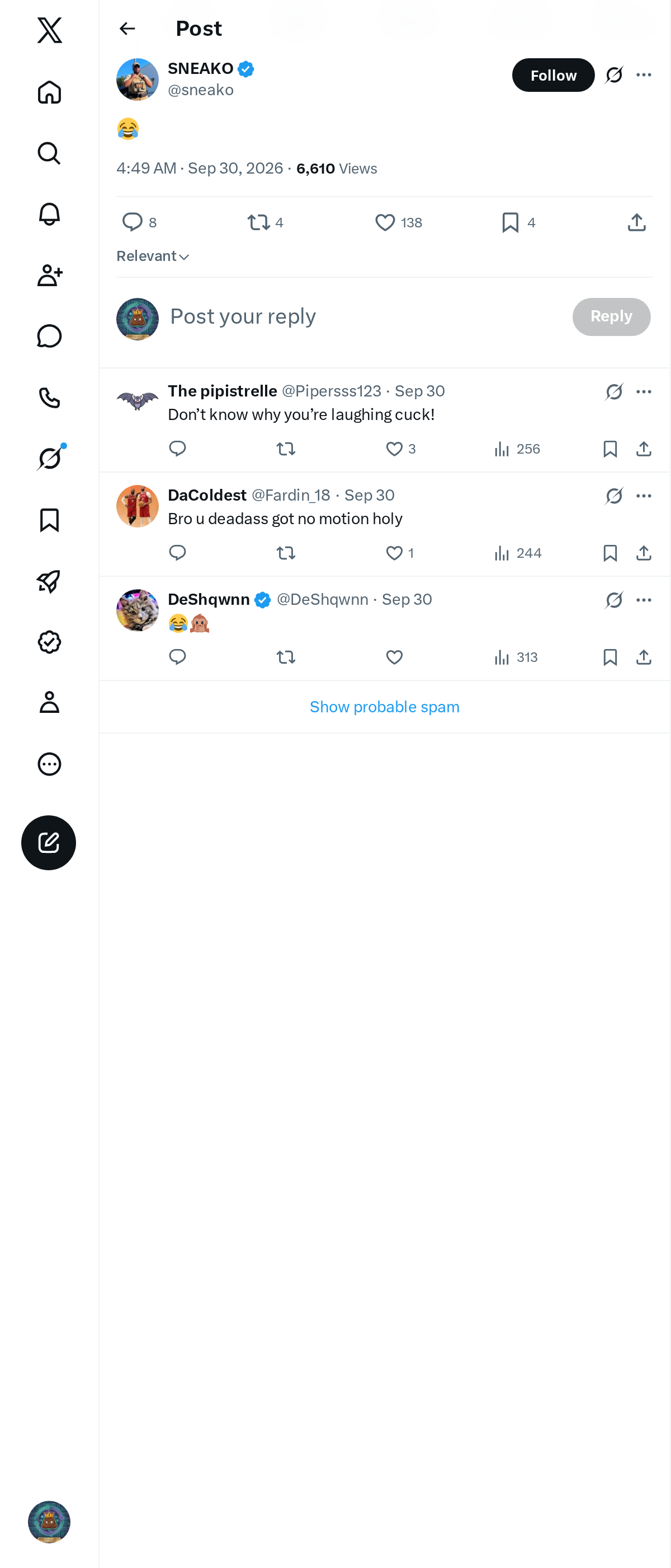 Snapshot 1 of @sneako's post from 2026-09-30