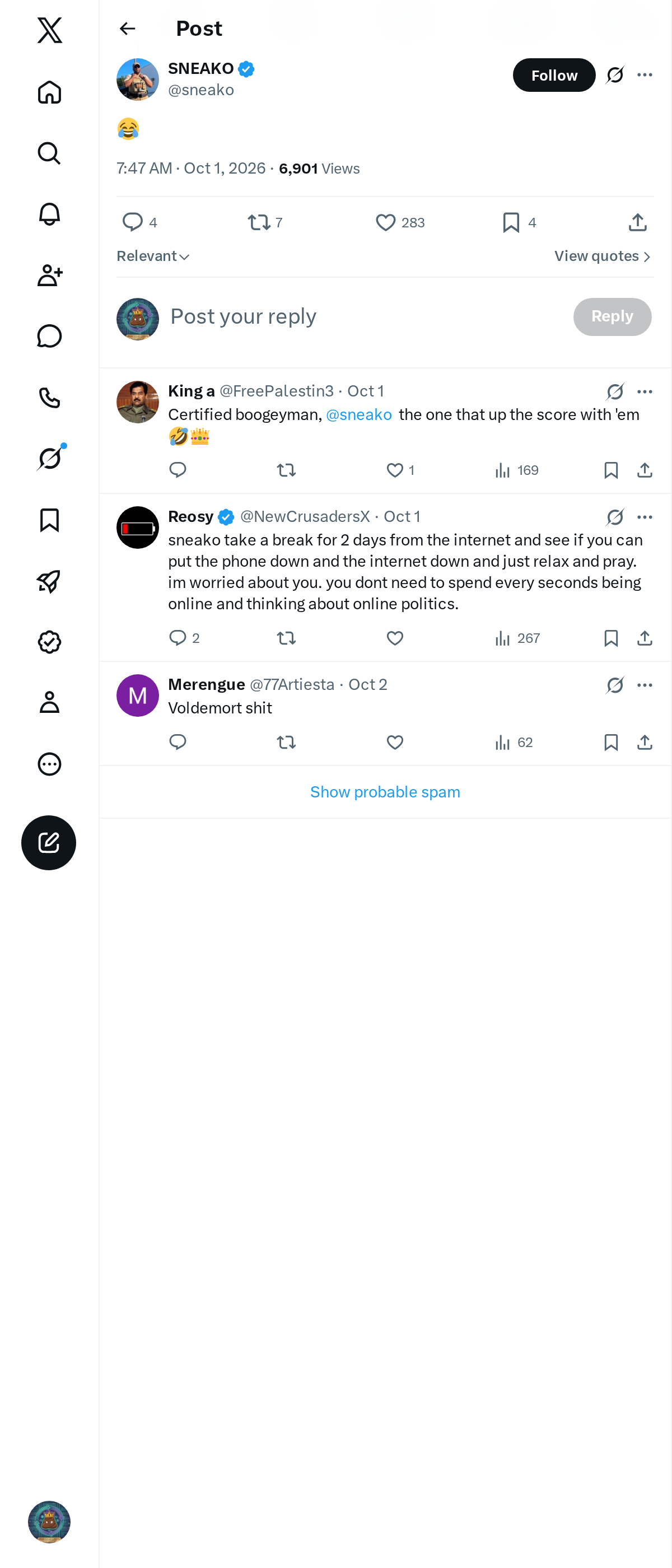 Snapshot 1 of @sneako's post from 2026-10-01