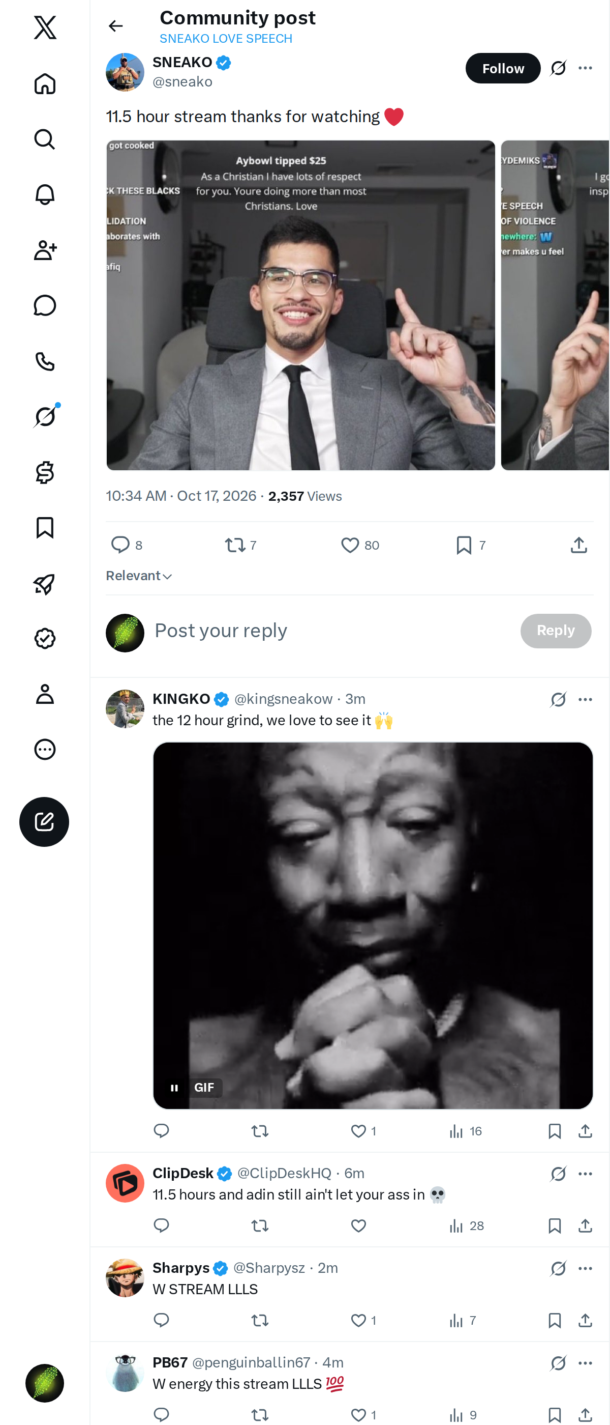 Snapshot 1 of @sneako's post from 2026-10-17
