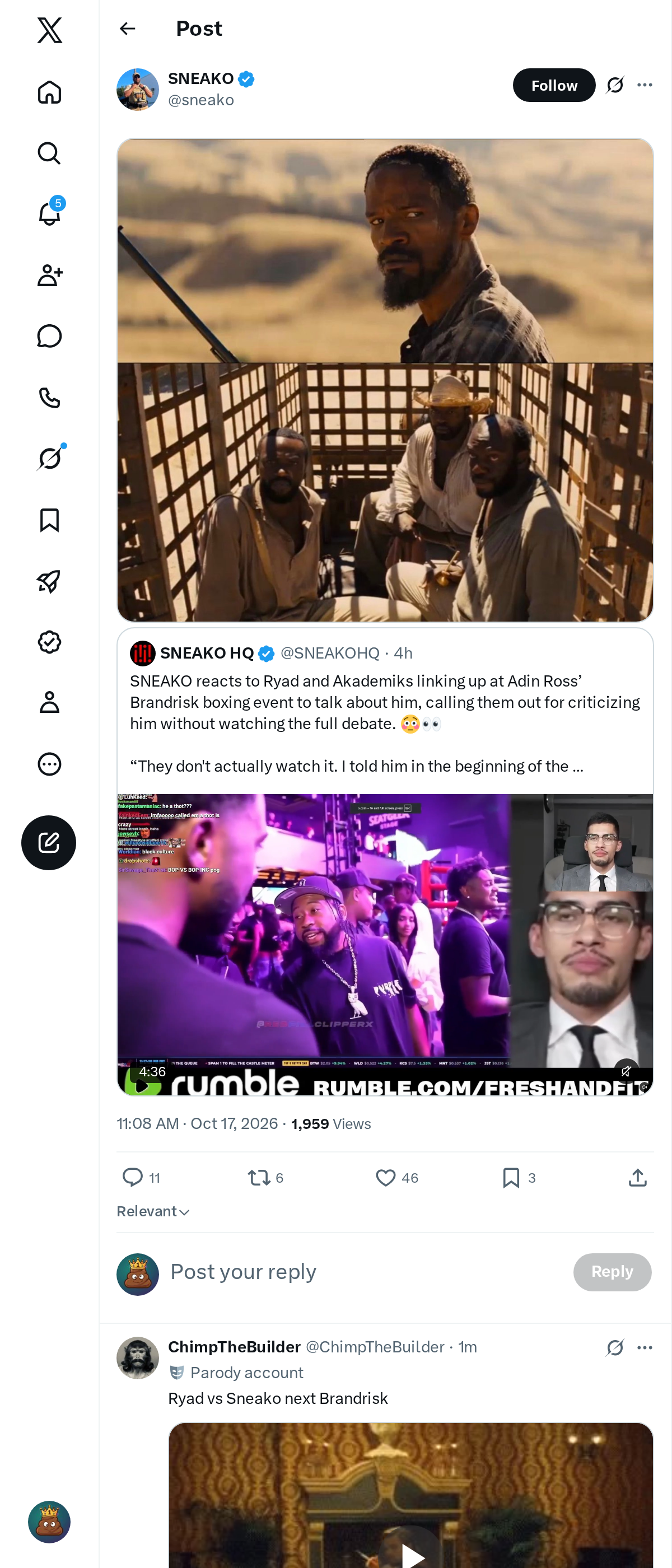 Snapshot 1 of @sneako's post from 2026-10-17