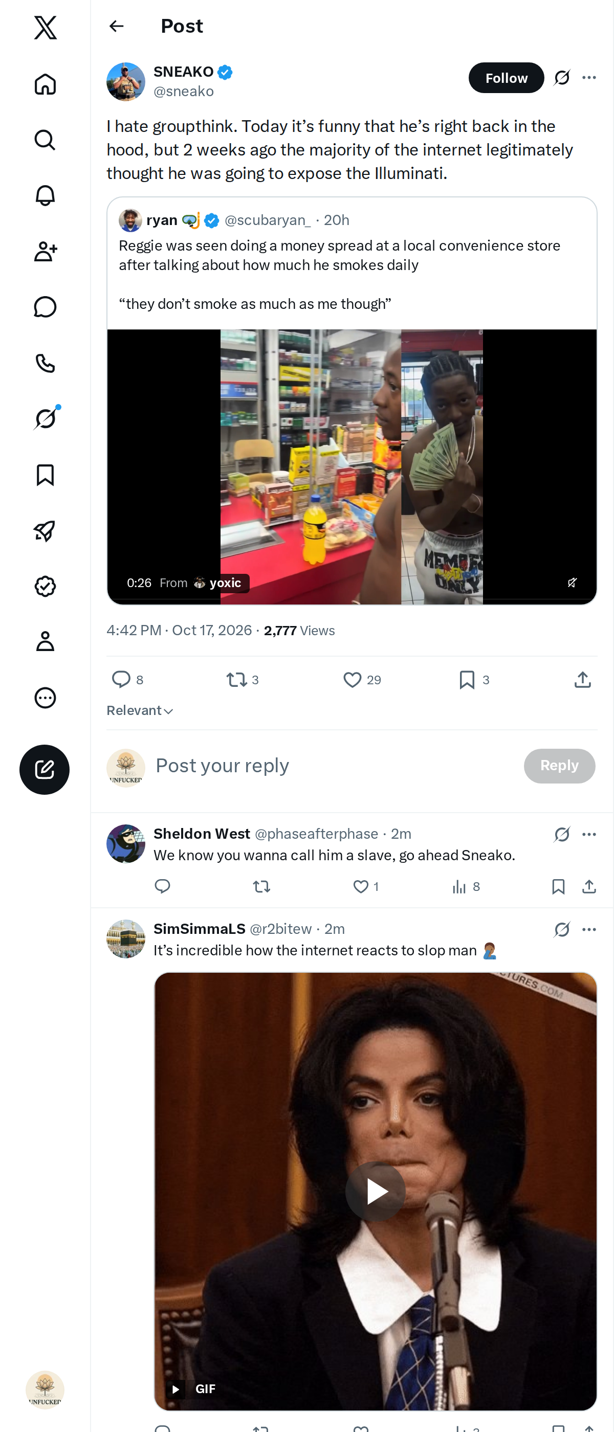 Snapshot 1 of @sneako's post from 2026-10-17